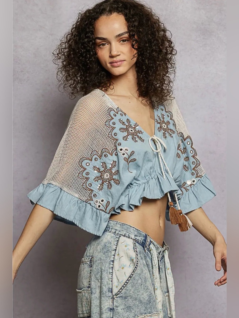 POL Light Blue Embroidered Tie-Front Crop Top - Picture 3 of 7